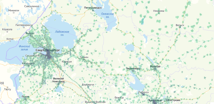 Зона покрытия МТС на карте Тула 